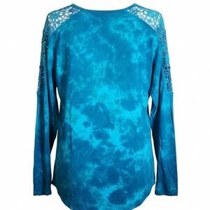 Earth Yoga Tie Dye Crochet Lace Shoulder Top XL Sustainable Organic Cotton Blue
